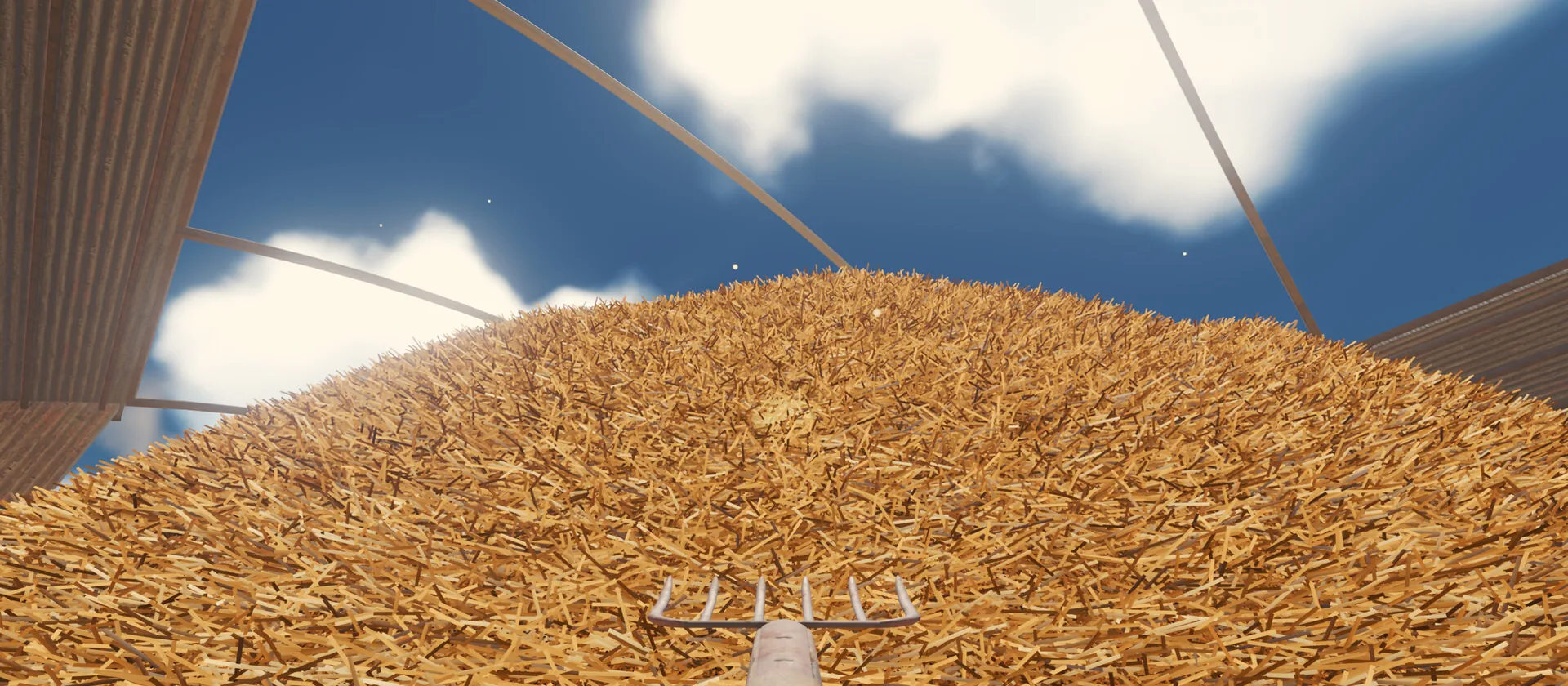 Digging through a towering haystack under a blue sky in Find The Needle